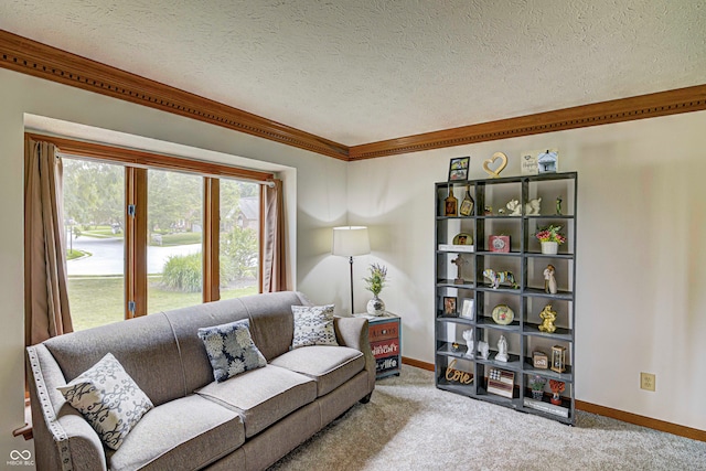 living room with crown molding, a textured ceiling, and light carpet