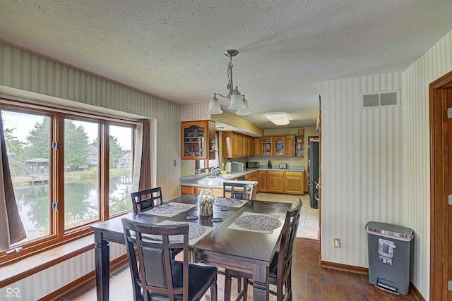 dining space with hardwood / wood-style floors, sink, a water view, and a textured ceiling