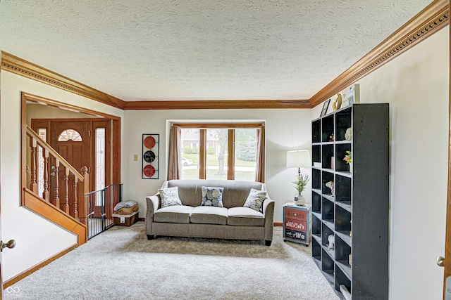 carpeted living room featuring a textured ceiling and crown molding