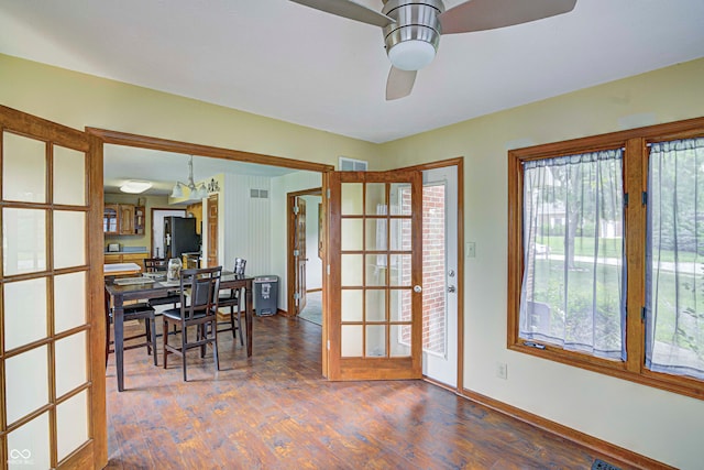 interior space featuring ceiling fan and french doors