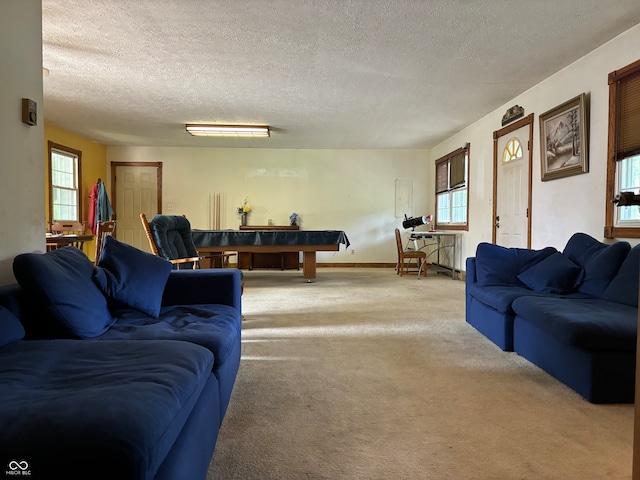 living room with a textured ceiling and light colored carpet