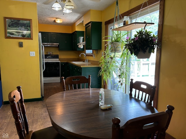 dining space featuring dark hardwood / wood-style flooring, a textured ceiling, and sink