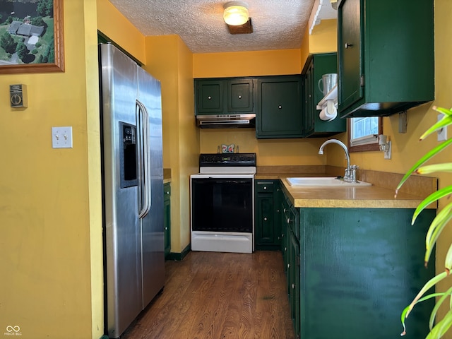 kitchen with dark hardwood / wood-style floors, stainless steel refrigerator with ice dispenser, sink, electric range, and green cabinetry