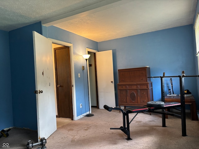 exercise room with a textured ceiling and light carpet