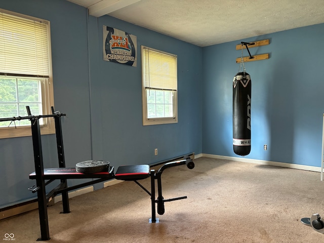 workout room featuring carpet and a textured ceiling