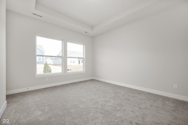 unfurnished room featuring carpet flooring and a tray ceiling