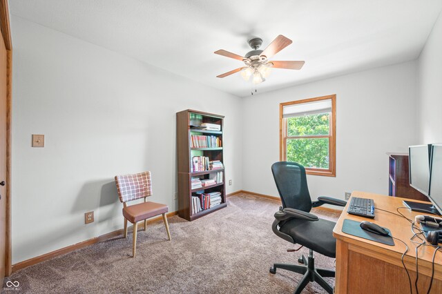 carpeted office with ceiling fan