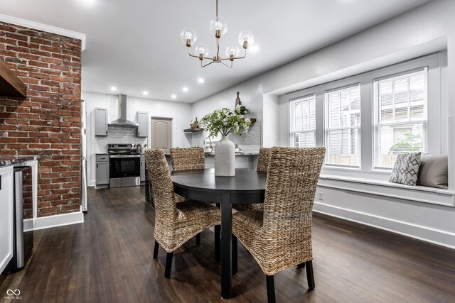 1210 Finley Ave, Indianapolis, IN 46203 - dining space featuring baseboards, dark wood finished floors, a chandelier, wine cooler, and recessed lighting