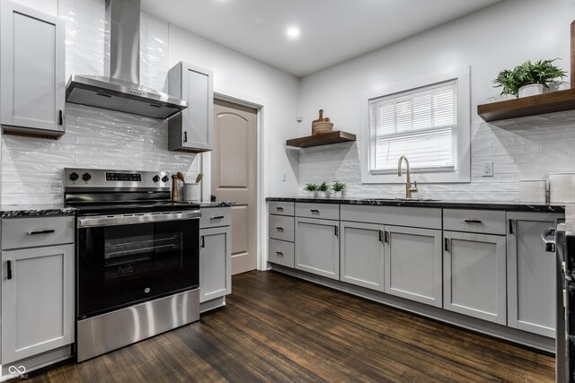 1210 Finley Ave, Indianapolis, IN 46203 - kitchen featuring open shelves, stainless steel range with electric cooktop, wall chimney range hood, a sink, and recessed lighting