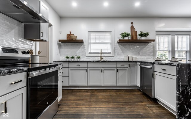1210 Finley Ave, Indianapolis, IN 46203 - kitchen with appliances with stainless steel finishes, open shelves, wall chimney range hood, a sink, and recessed lighting