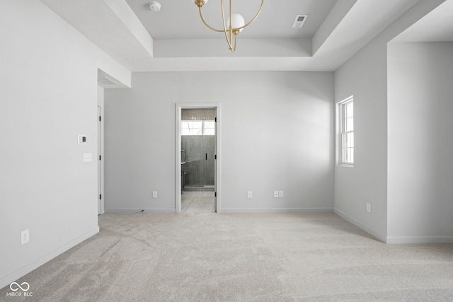 unfurnished room with light carpet, a healthy amount of sunlight, and a raised ceiling