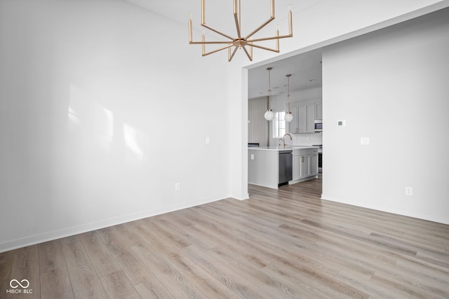 unfurnished living room featuring light wood-type flooring, a chandelier, and sink