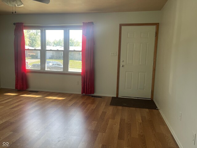 foyer entrance featuring ceiling fan and wood-type flooring