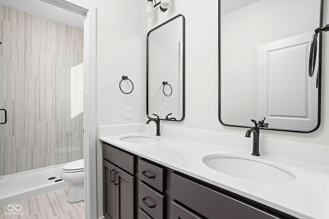 bathroom featuring toilet, a shower with door, and vanity