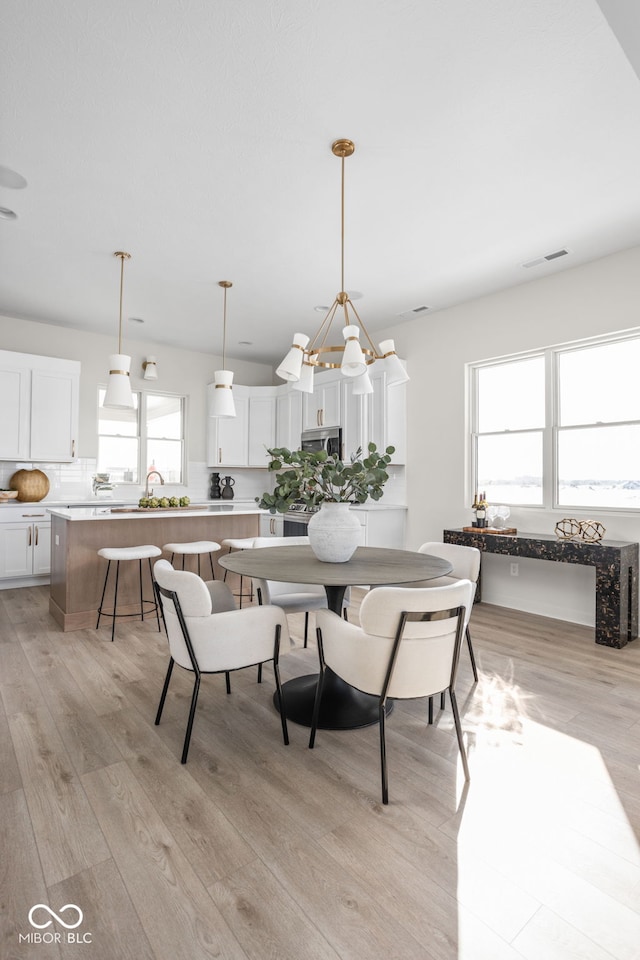 dining room with a notable chandelier, a wealth of natural light, and light hardwood / wood-style floors