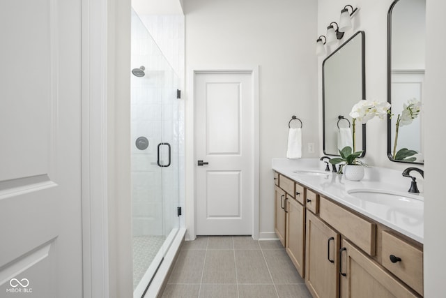 bathroom featuring walk in shower, vanity, and tile patterned floors