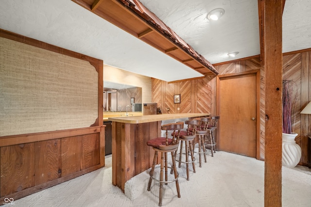 bar with sink, light colored carpet, and wood walls