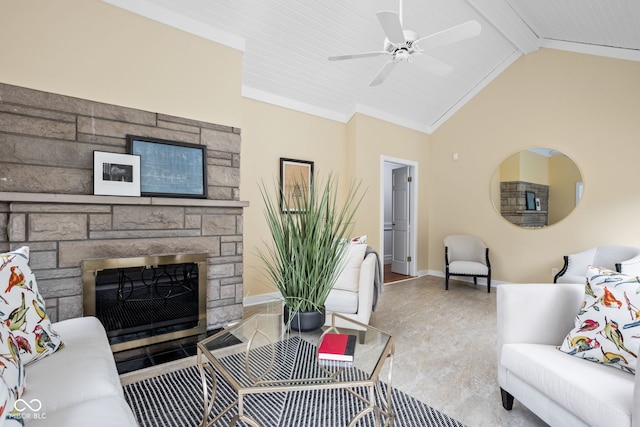 carpeted living room featuring ceiling fan, a fireplace, lofted ceiling with beams, and ornamental molding