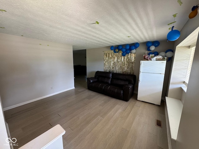 living room featuring wood-type flooring and a textured ceiling