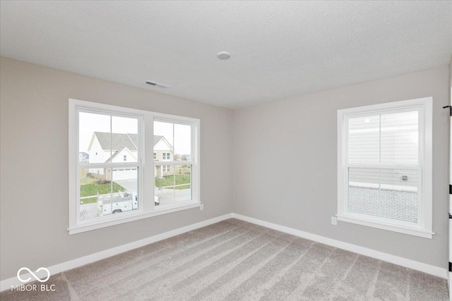 unfurnished room with a textured ceiling and carpet floors