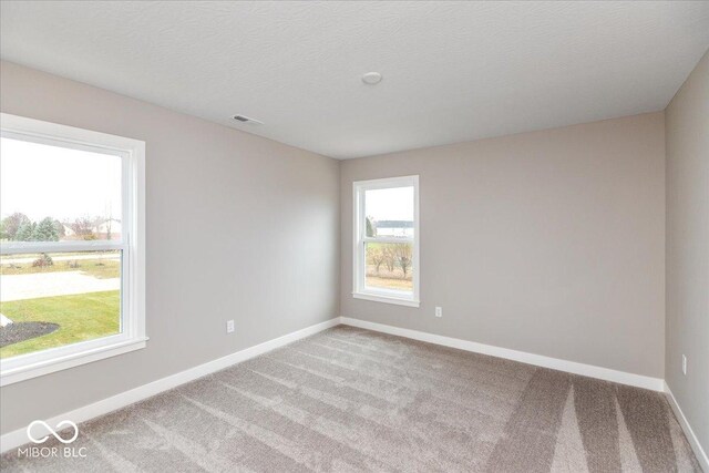 empty room with light carpet and a textured ceiling