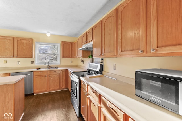 kitchen with sink, stainless steel appliances, and dark hardwood / wood-style flooring