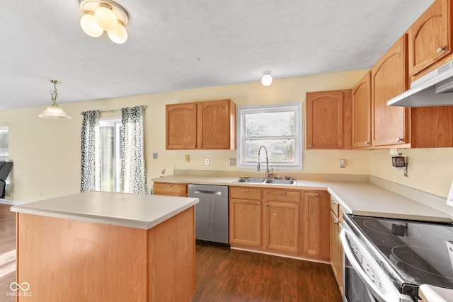 kitchen with dishwasher, sink, stove, a center island, and dark wood-type flooring