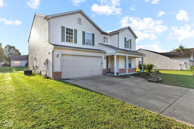 view of front property with a front lawn, a garage, and cooling unit