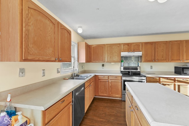 kitchen featuring decorative backsplash, sink, stainless steel appliances, and dark wood-type flooring