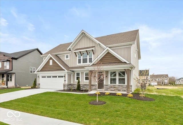 craftsman house featuring a front lawn, stone siding, concrete driveway, a shingled roof, and board and batten siding