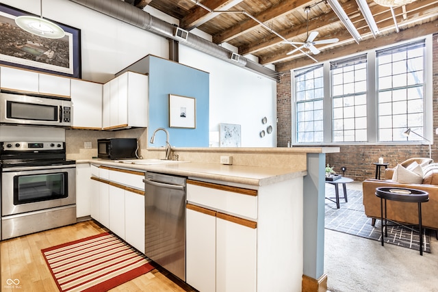 kitchen featuring brick wall, light hardwood / wood-style flooring, appliances with stainless steel finishes, sink, and ceiling fan