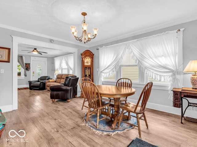 dining room with light hardwood / wood-style floors, ceiling fan with notable chandelier, and crown molding