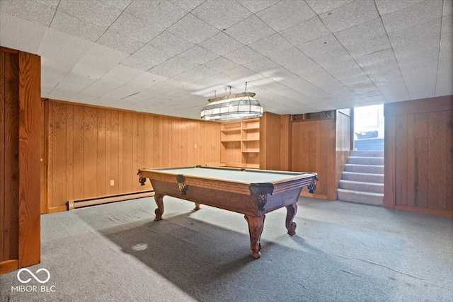 game room featuring wooden walls, a baseboard radiator, billiards, and carpet flooring