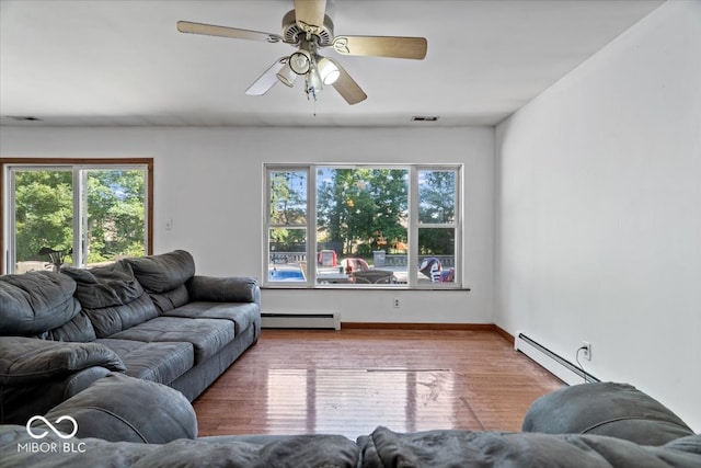 living room featuring hardwood / wood-style floors, a wealth of natural light, and a baseboard heating unit