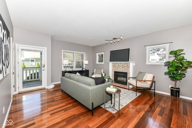 living room with wood-type flooring, a fireplace, and baseboards