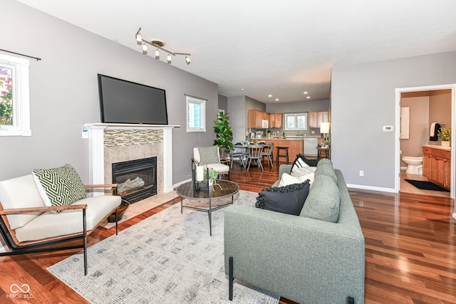 living room with hardwood / wood-style floors, a tiled fireplace, and plenty of natural light