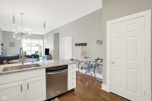 kitchen featuring white cabinetry, sink, light stone countertops, stainless steel dishwasher, and dark hardwood / wood-style flooring