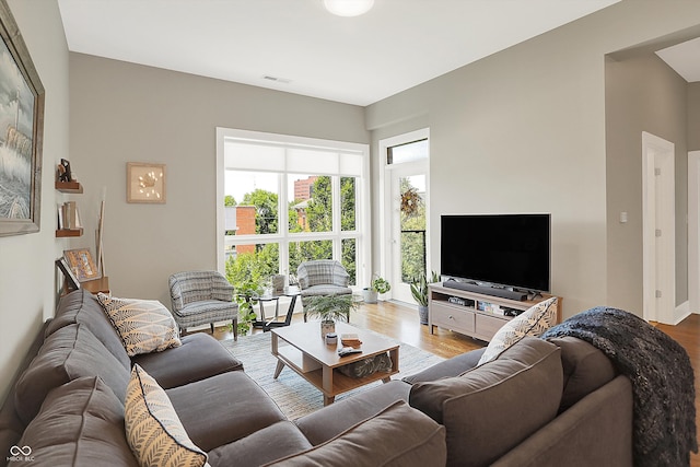 living room with light hardwood / wood-style flooring