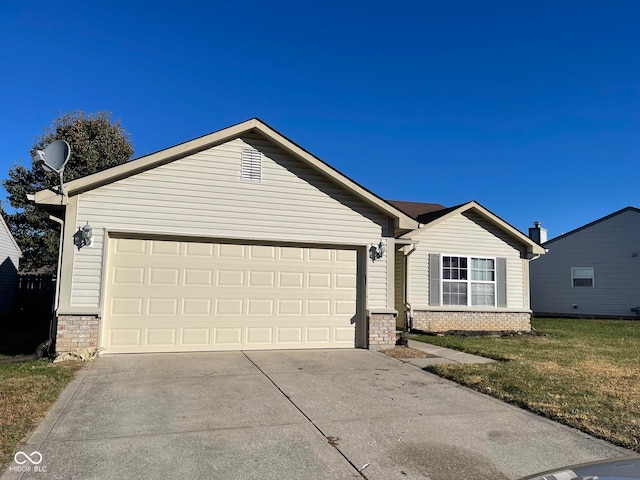 ranch-style home with a garage and a front yard