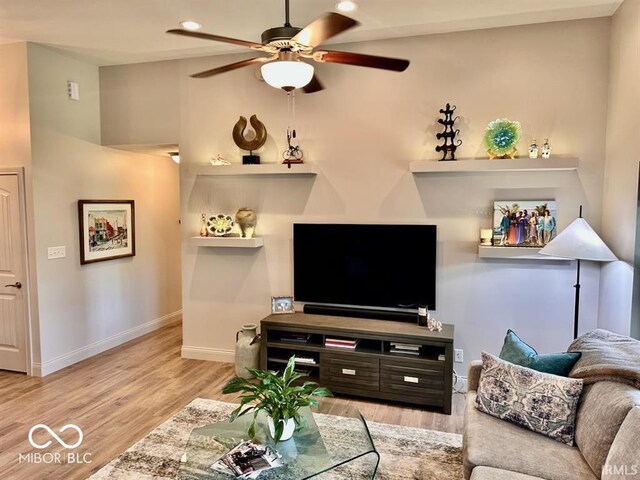 living room featuring ceiling fan and light hardwood / wood-style flooring