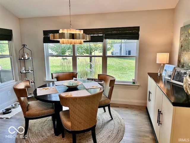 dining area with plenty of natural light and light hardwood / wood-style flooring