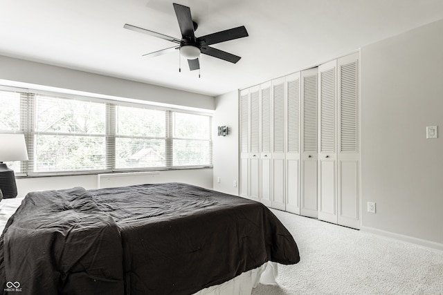 bedroom with a closet, ceiling fan, multiple windows, and carpet