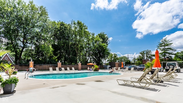 view of swimming pool with a patio area