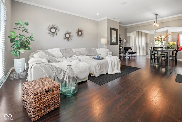 living room featuring crown molding, dark wood-type flooring, and decorative columns