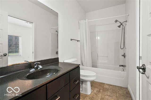 full bathroom with shower / bath combination with curtain, vanity, and toilet