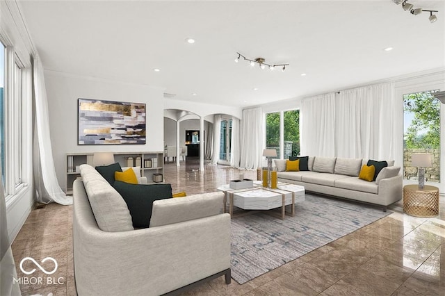 living room featuring track lighting and crown molding