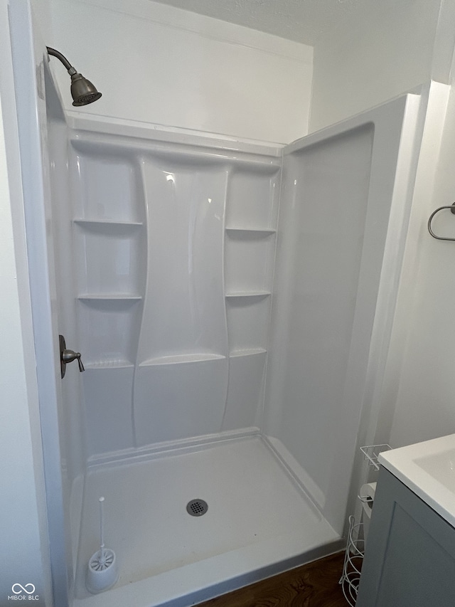 bathroom featuring hardwood / wood-style flooring, vanity, and a shower