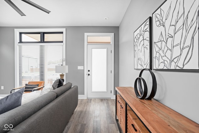 foyer with dark wood-type flooring, ceiling fan, and a wealth of natural light