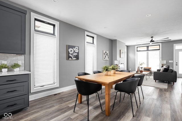 dining room featuring ceiling fan, a wealth of natural light, and wood-type flooring