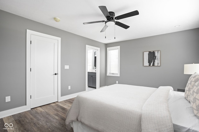 bedroom with ceiling fan, dark hardwood / wood-style floors, and ensuite bathroom